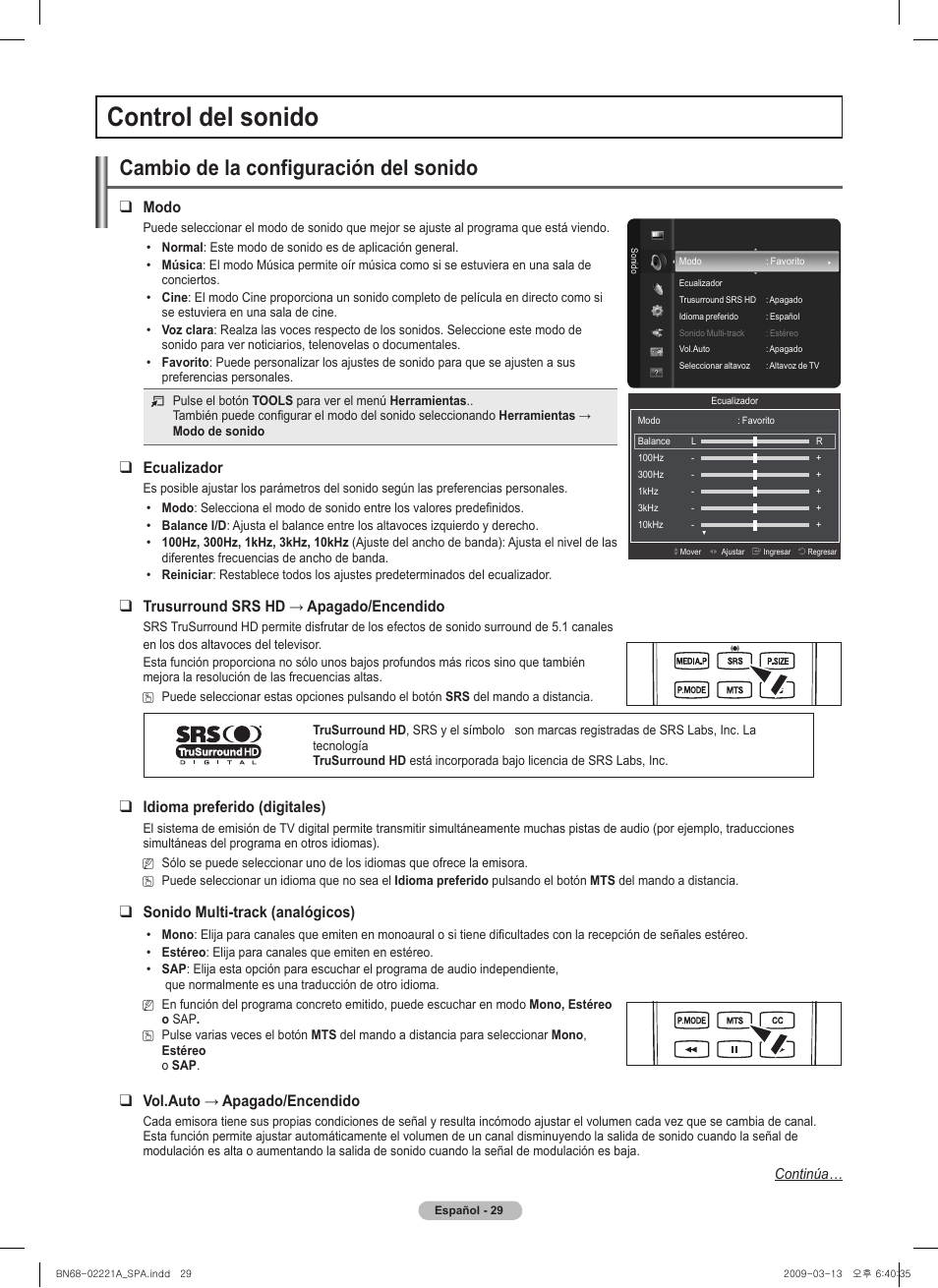 Control del sonido, Cambio de la configuración del sonido, Modo | Ecualizador, Trusurroundsrshd→apagado/encendido, Idioma preferido (digitales), Sonido multi-track (analógicos), Vol.auto→apagado/encendido | Samsung PN58B560T5FXZA User Manual | Page 82 / 107