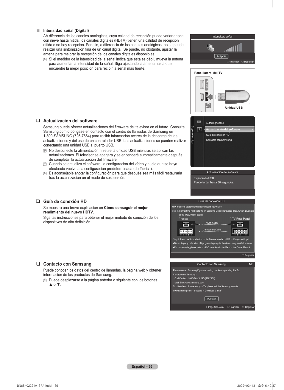 Actualización del software, Guía de conexión hd, Contacto con samsung | Samsung PN58B560T5FXZA User Manual | Page 89 / 107