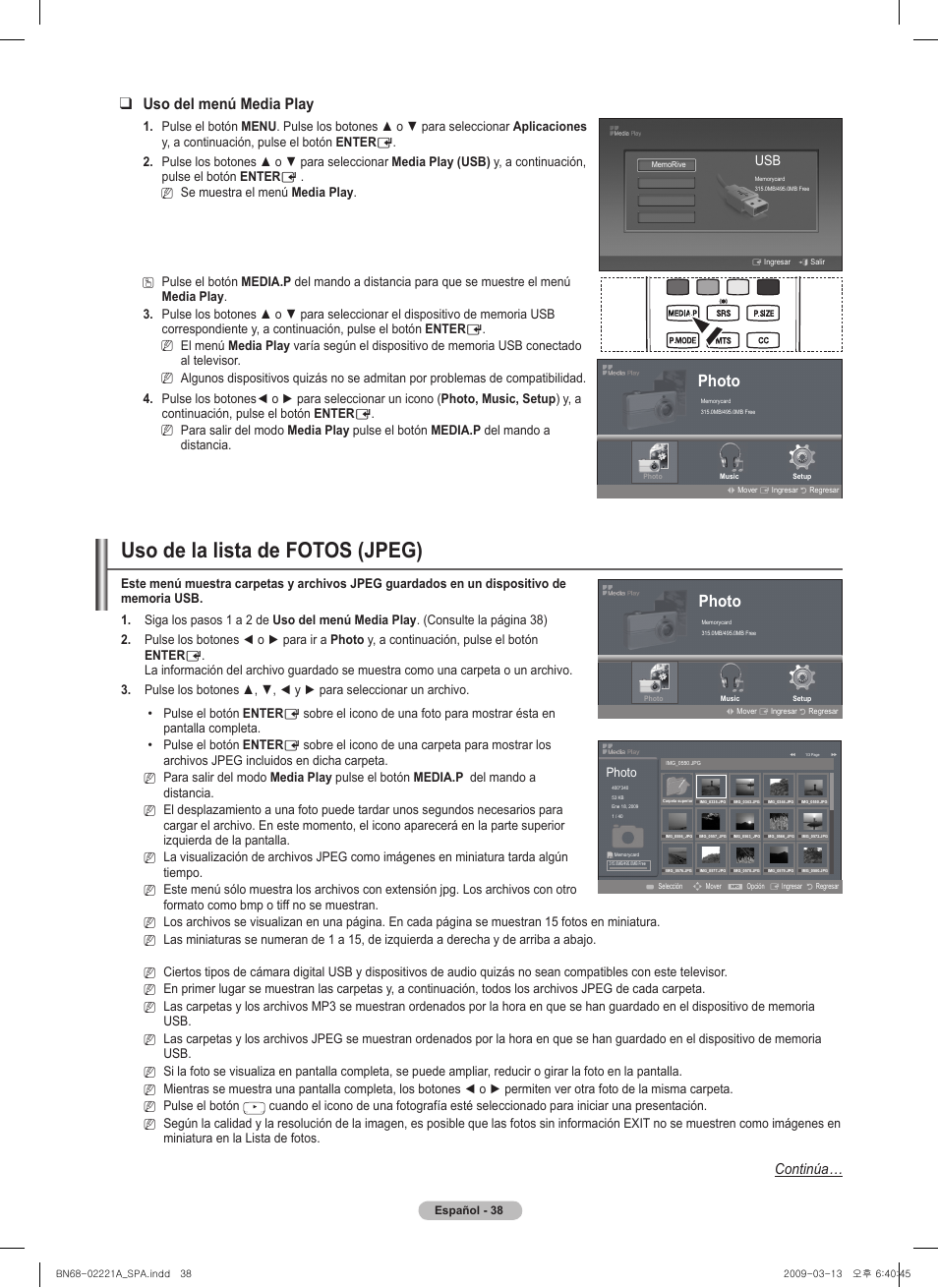 Usodelalistadefotos(jpeg), Uso del menú media play, Photo | Continúa | Samsung PN58B560T5FXZA User Manual | Page 91 / 107
