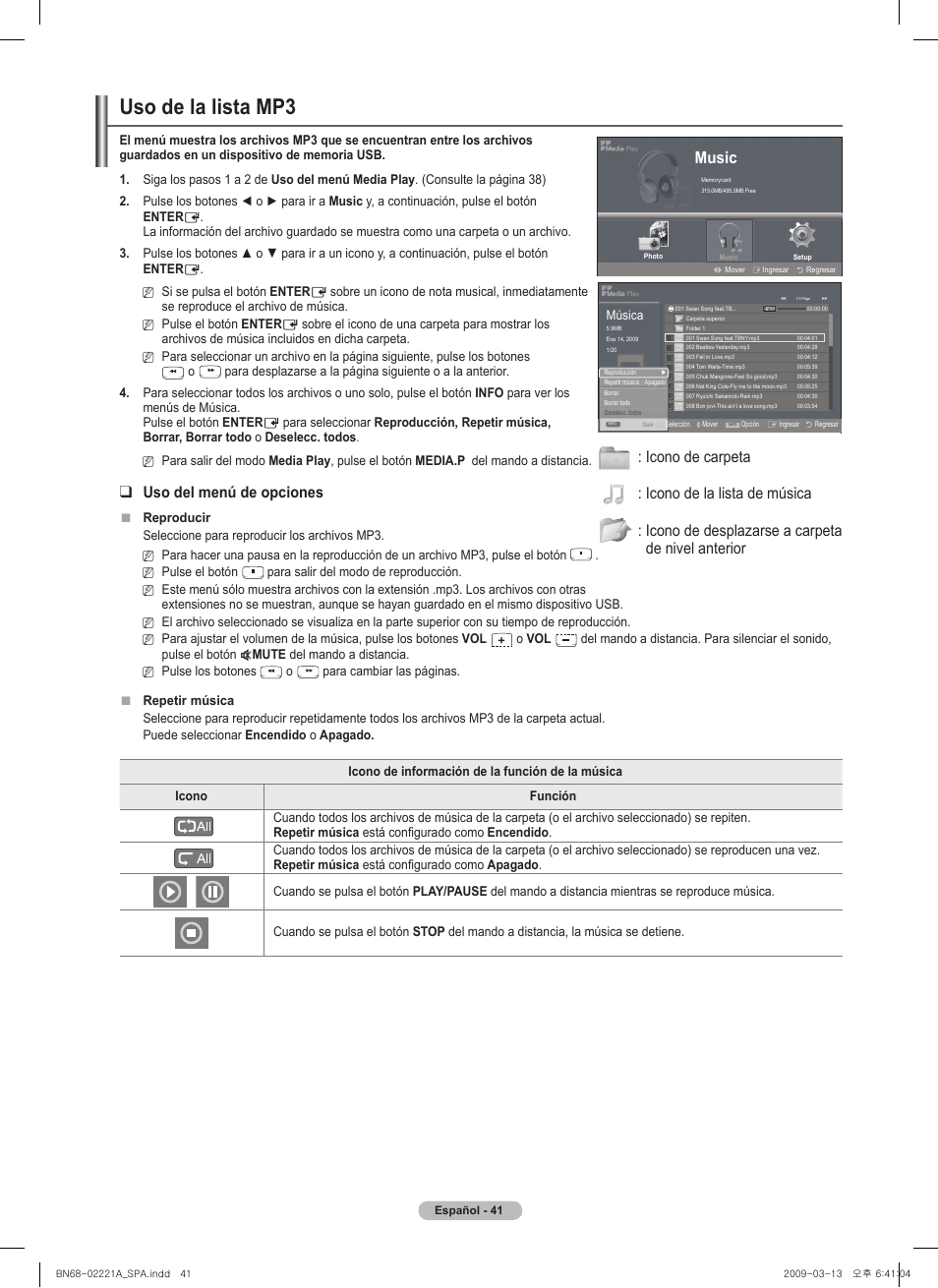 Uso de la lista mp, Uso del menú de opciones, Music | Photo, Música | Samsung PN58B560T5FXZA User Manual | Page 94 / 107