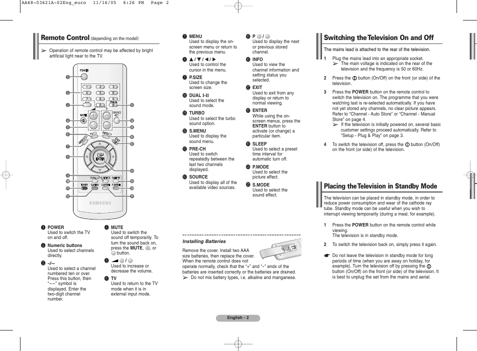 Remote control (depending on the model), Switching the television on and off, Placing the television in standby mode | Remote control | Samsung CW29M064N2XXEC User Manual | Page 2 / 8