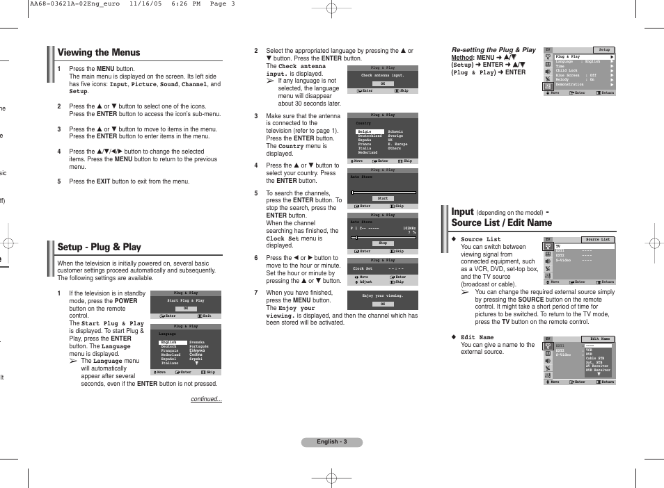 Viewing the menus, Setup - plug & play, Input | Source list / edit name | Samsung CW29M064N2XXEC User Manual | Page 3 / 8