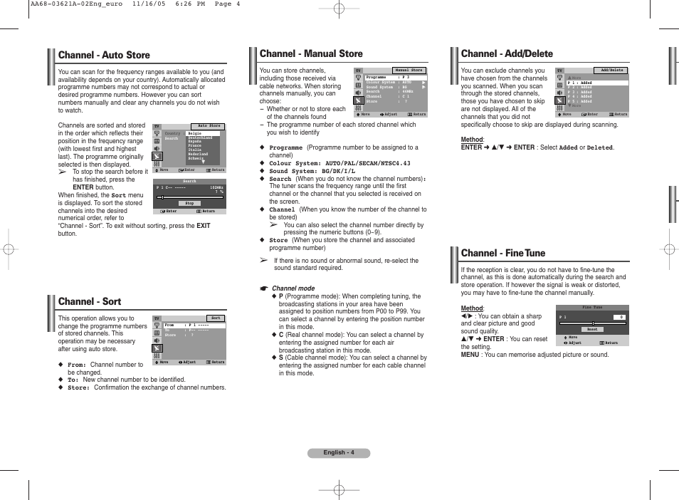 Channel - auto store, Channel - sort, Channel - manual store | Channel - add/delete, Channel - fine tune | Samsung CW29M064N2XXEC User Manual | Page 4 / 8