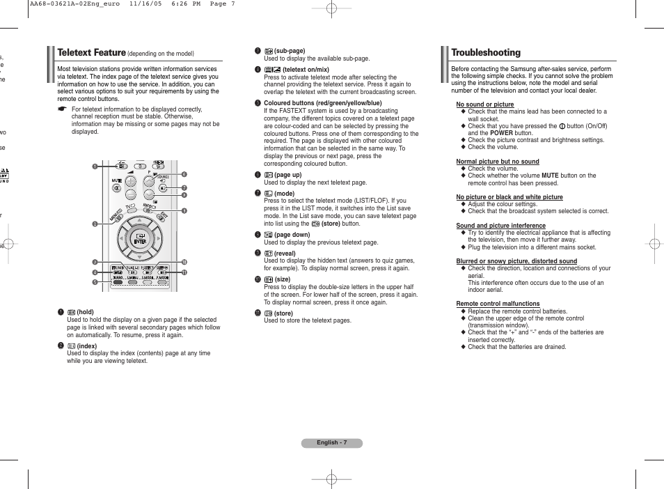 Teletext feature (depending on the model), Troubleshooting, Teletext feature | Samsung CW29M064N2XXEC User Manual | Page 7 / 8