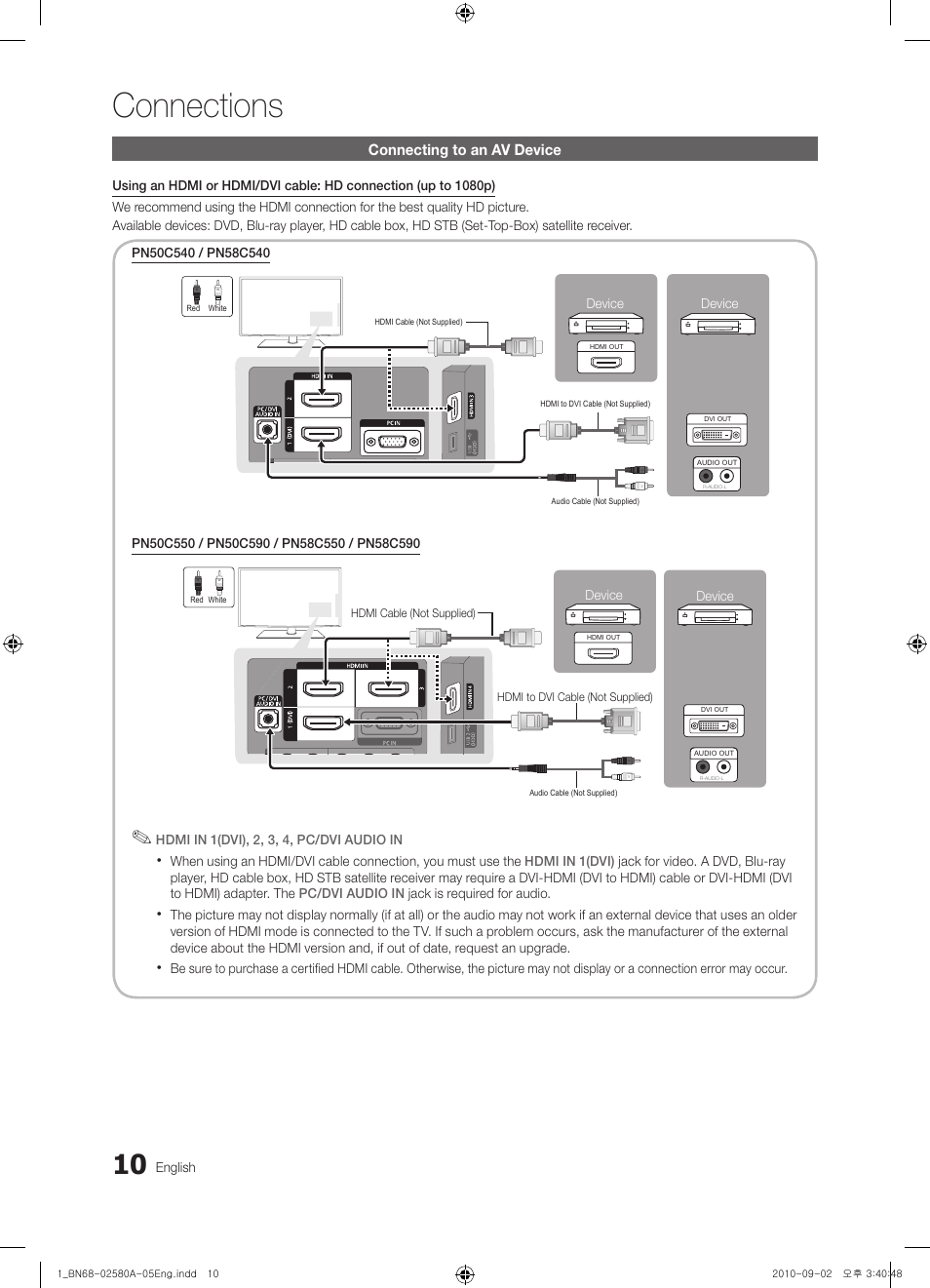 Connections, Connecting to an av device | Samsung PN50C540G3FXZA User Manual | Page 10 / 56