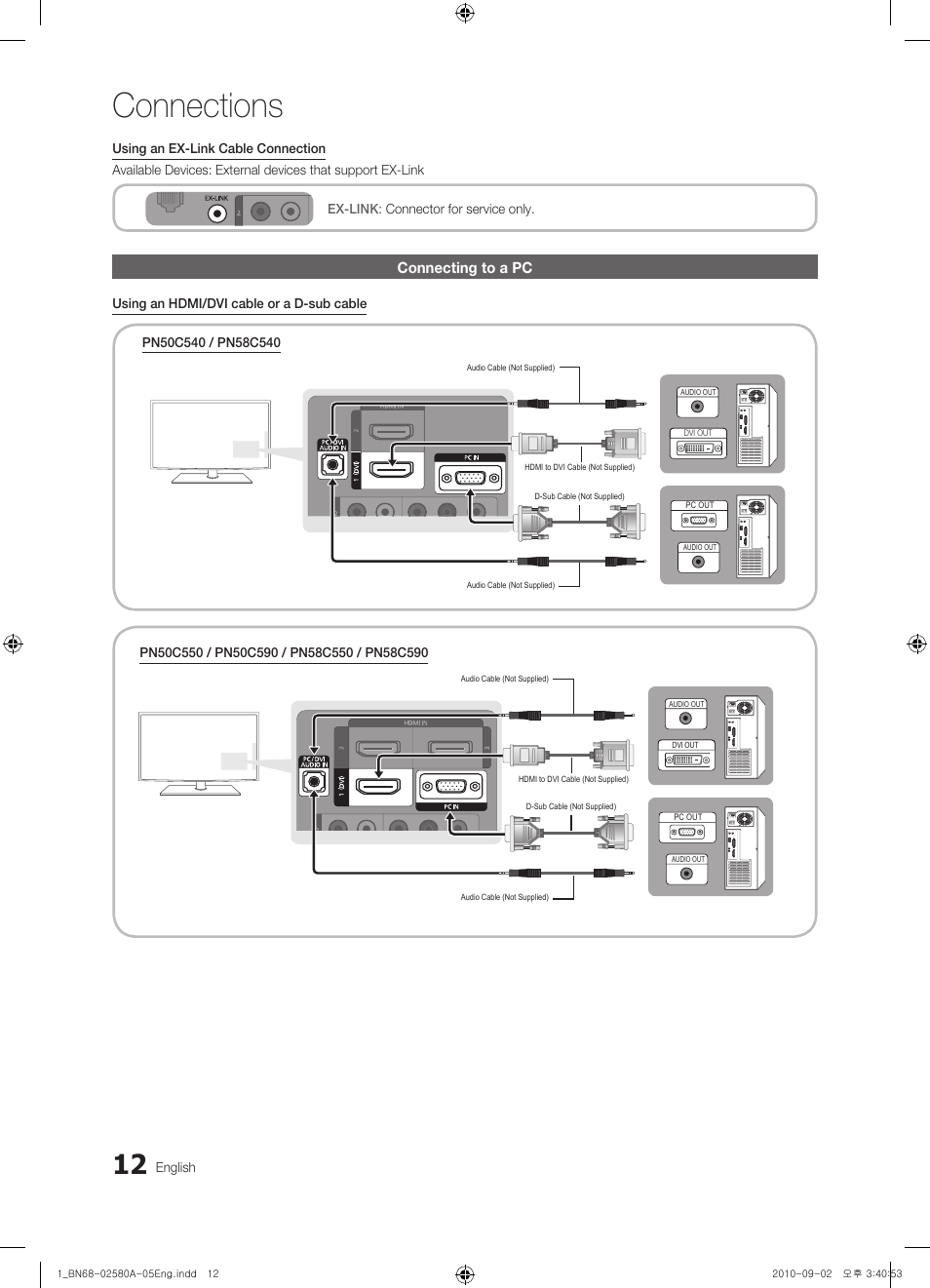 Connecting to a pc, Connections | Samsung PN50C540G3FXZA User Manual | Page 12 / 56