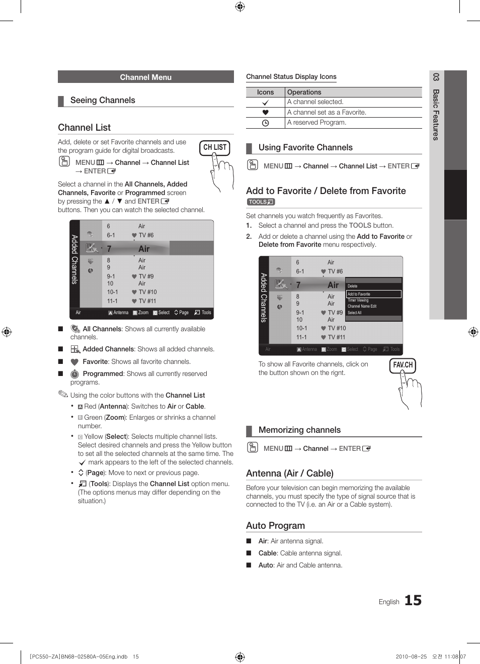 Channel menu, Channel list, Add to favorite / delete from favorite | Antenna (air / cable), Auto program | Samsung PN50C540G3FXZA User Manual | Page 15 / 56