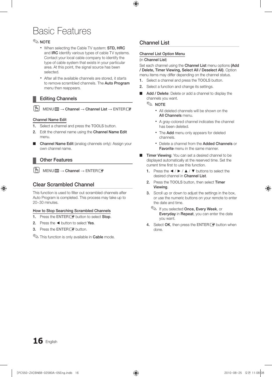 Basic features | Samsung PN50C540G3FXZA User Manual | Page 16 / 56