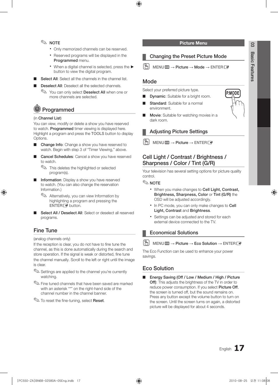Picture menu | Samsung PN50C540G3FXZA User Manual | Page 17 / 56