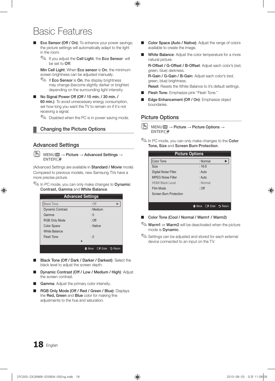 Basic features, Advanced settings, Picture options | Samsung PN50C540G3FXZA User Manual | Page 18 / 56
