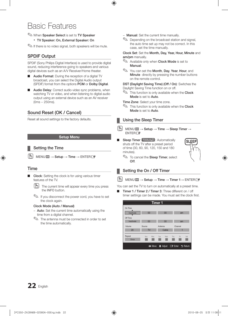 Setup menu, Basic features, Spdif output | Sound reset (ok / cancel), Time | Samsung PN50C540G3FXZA User Manual | Page 22 / 56