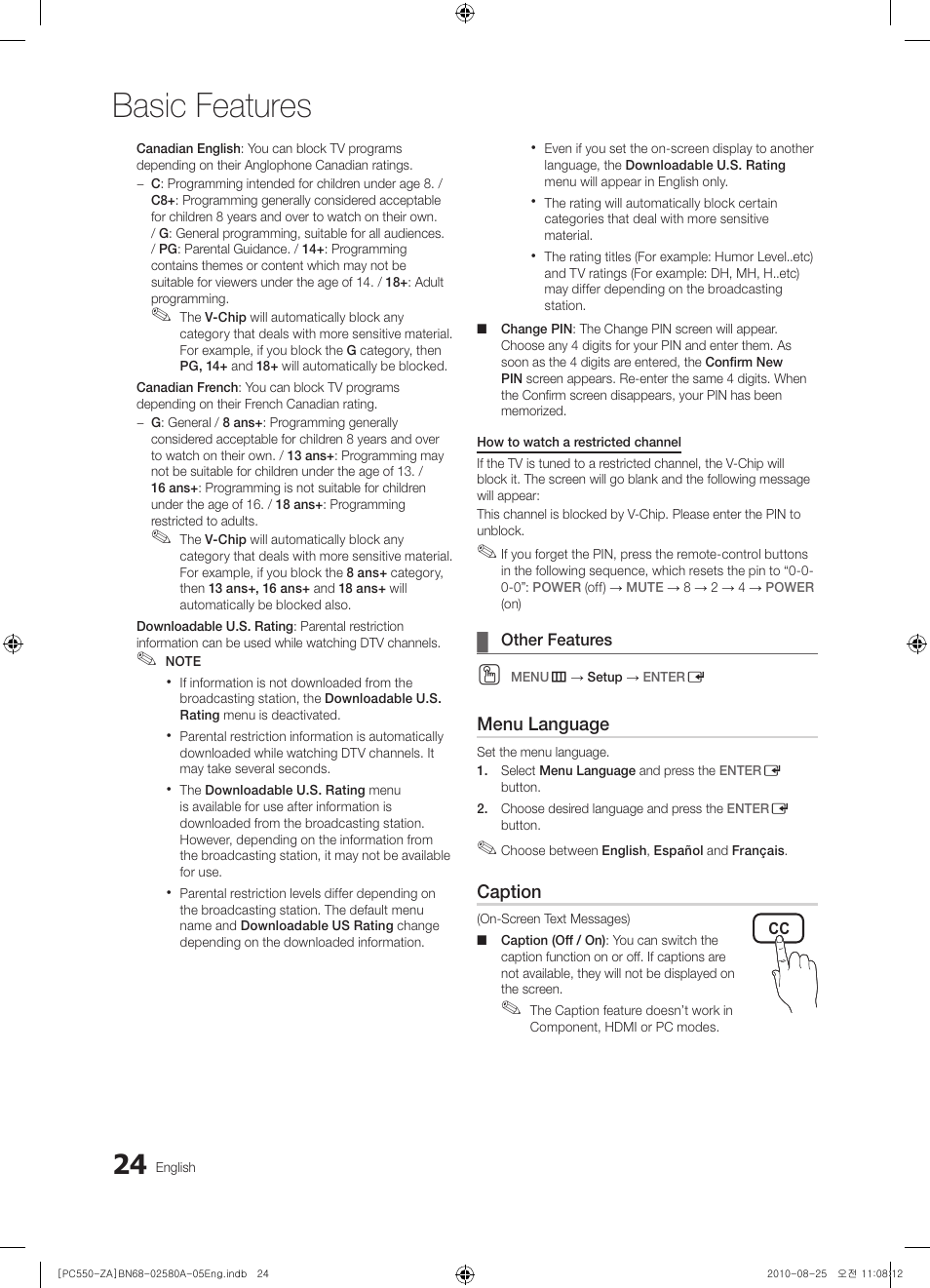 Basic features | Samsung PN50C540G3FXZA User Manual | Page 24 / 56
