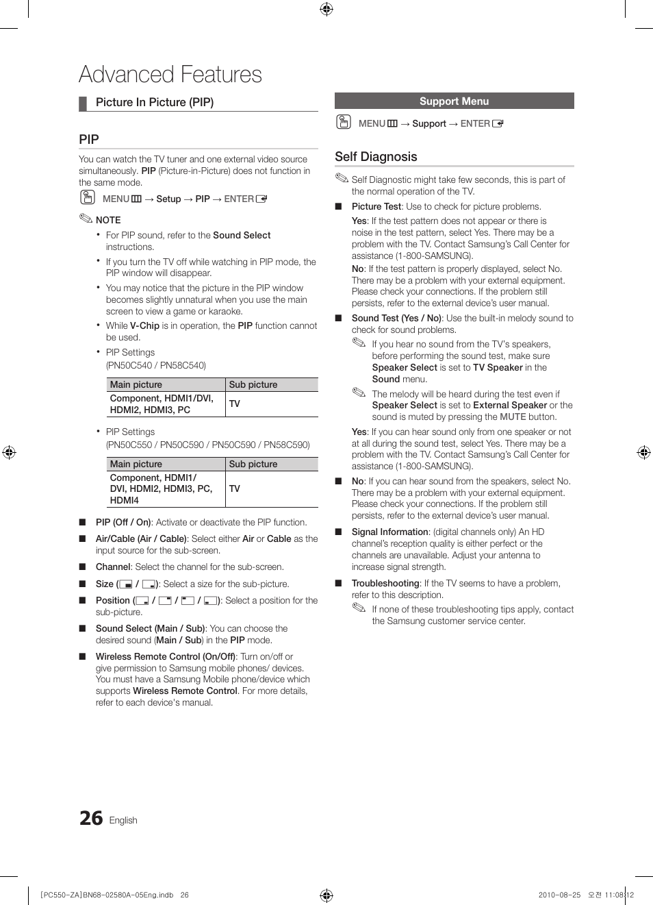 Support menu, Advanced features, Self diagnosis | Samsung PN50C540G3FXZA User Manual | Page 26 / 56