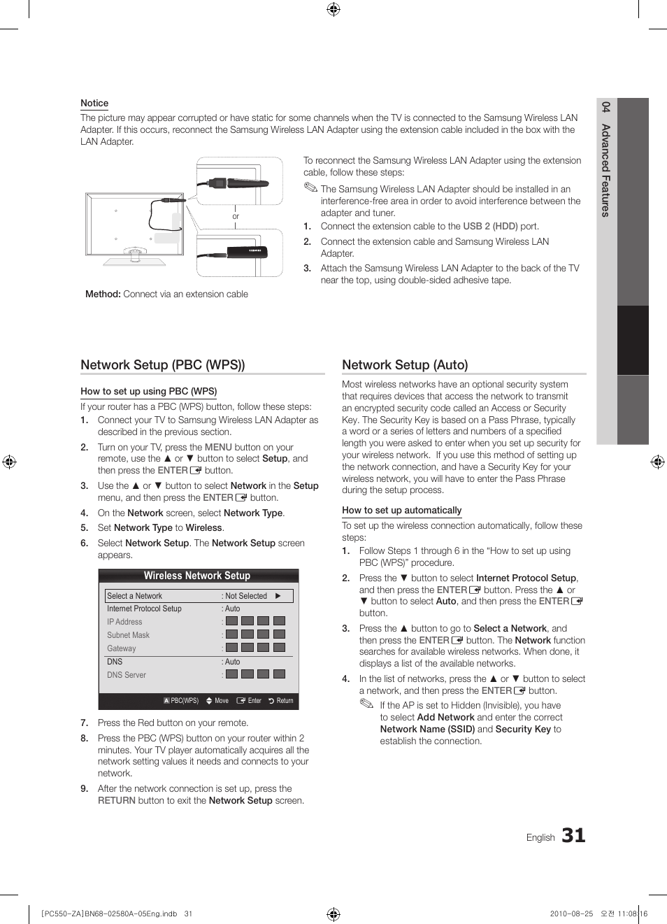 Network setup (pbc (wps)), Network setup (auto) | Samsung PN50C540G3FXZA User Manual | Page 31 / 56