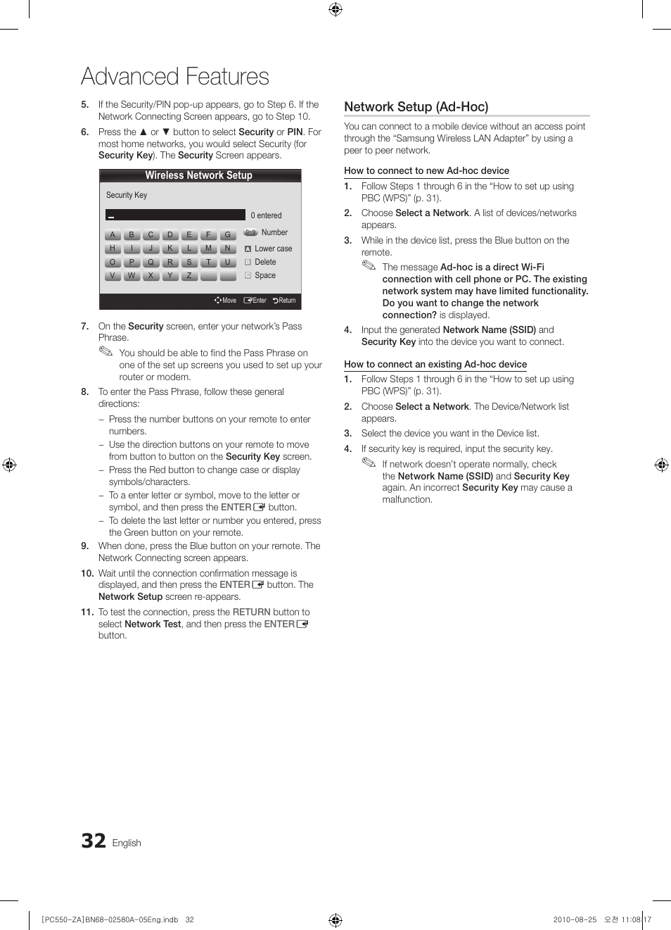 Advanced features, Network setup (ad-hoc) | Samsung PN50C540G3FXZA User Manual | Page 32 / 56