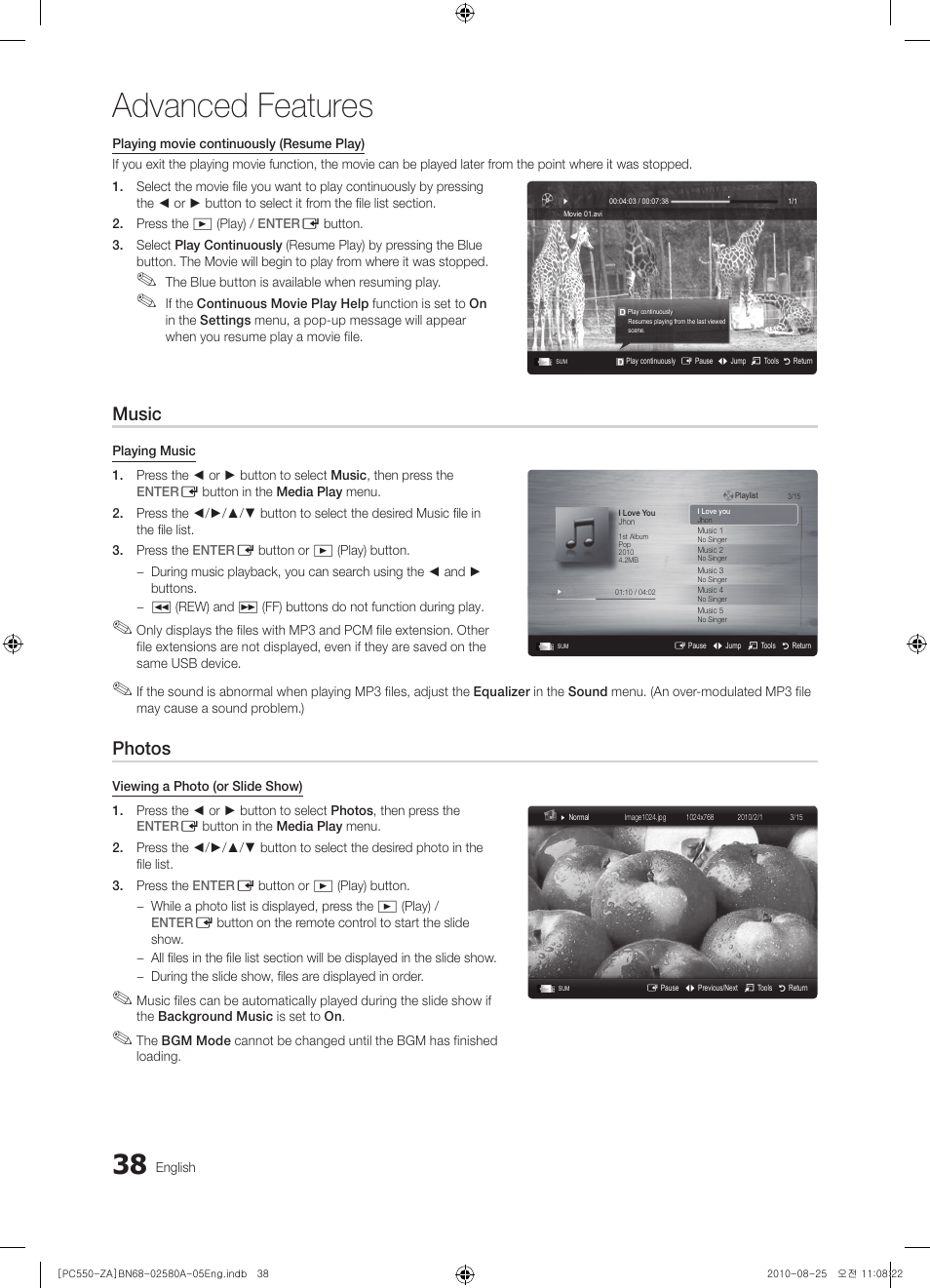 Advanced features, Music, Photos | Samsung PN50C540G3FXZA User Manual | Page 38 / 56