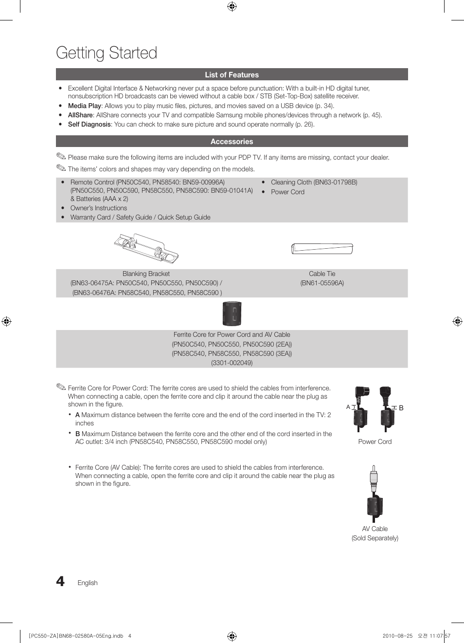 Getting started, List of features, Accessories | Samsung PN50C540G3FXZA User Manual | Page 4 / 56
