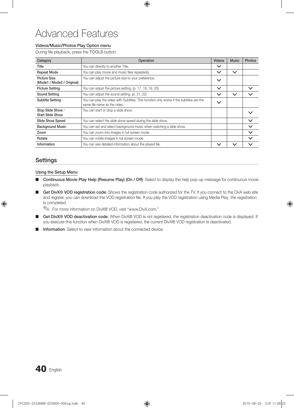 Advanced features, Settings | Samsung PN50C540G3FXZA User Manual | Page 40 / 56