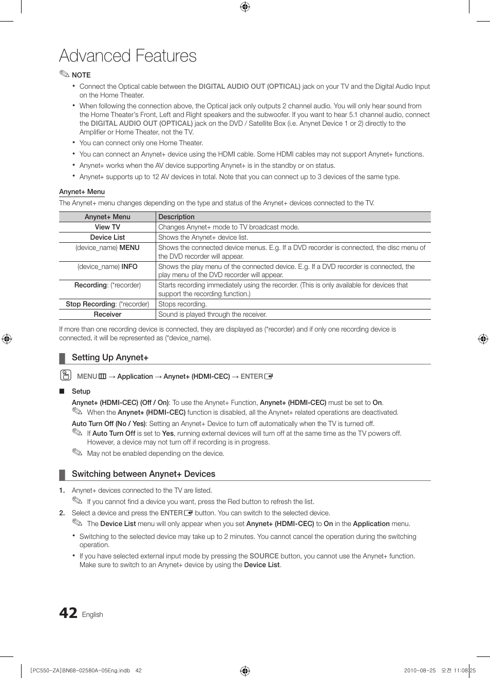 Advanced features | Samsung PN50C540G3FXZA User Manual | Page 42 / 56