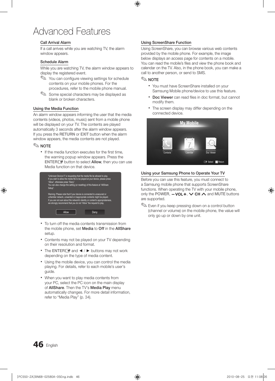 Advanced features | Samsung PN50C540G3FXZA User Manual | Page 46 / 56