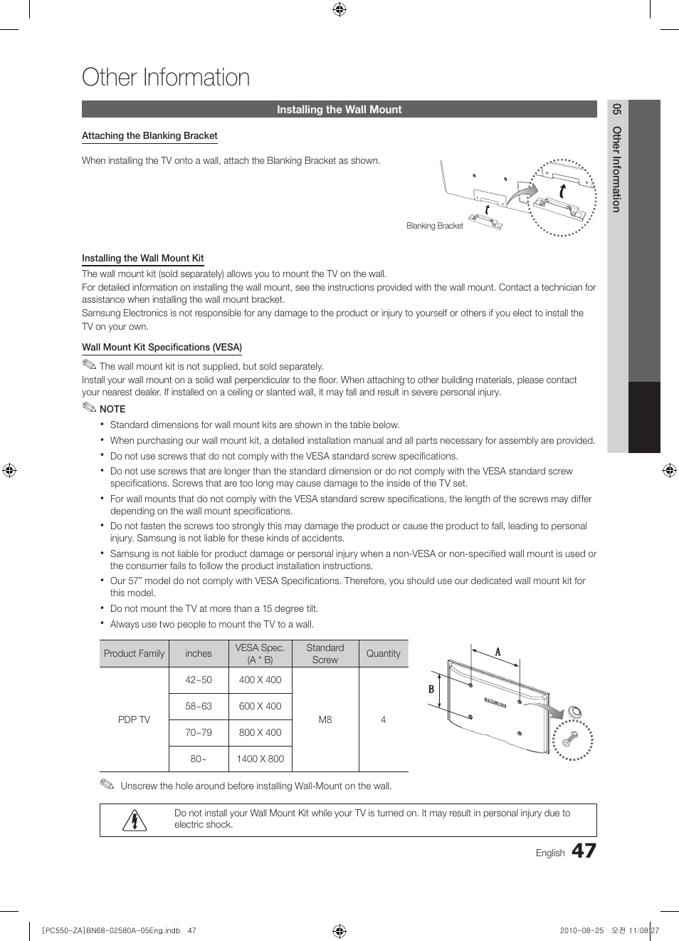 Other information, Installing the wall mount | Samsung PN50C540G3FXZA User Manual | Page 47 / 56