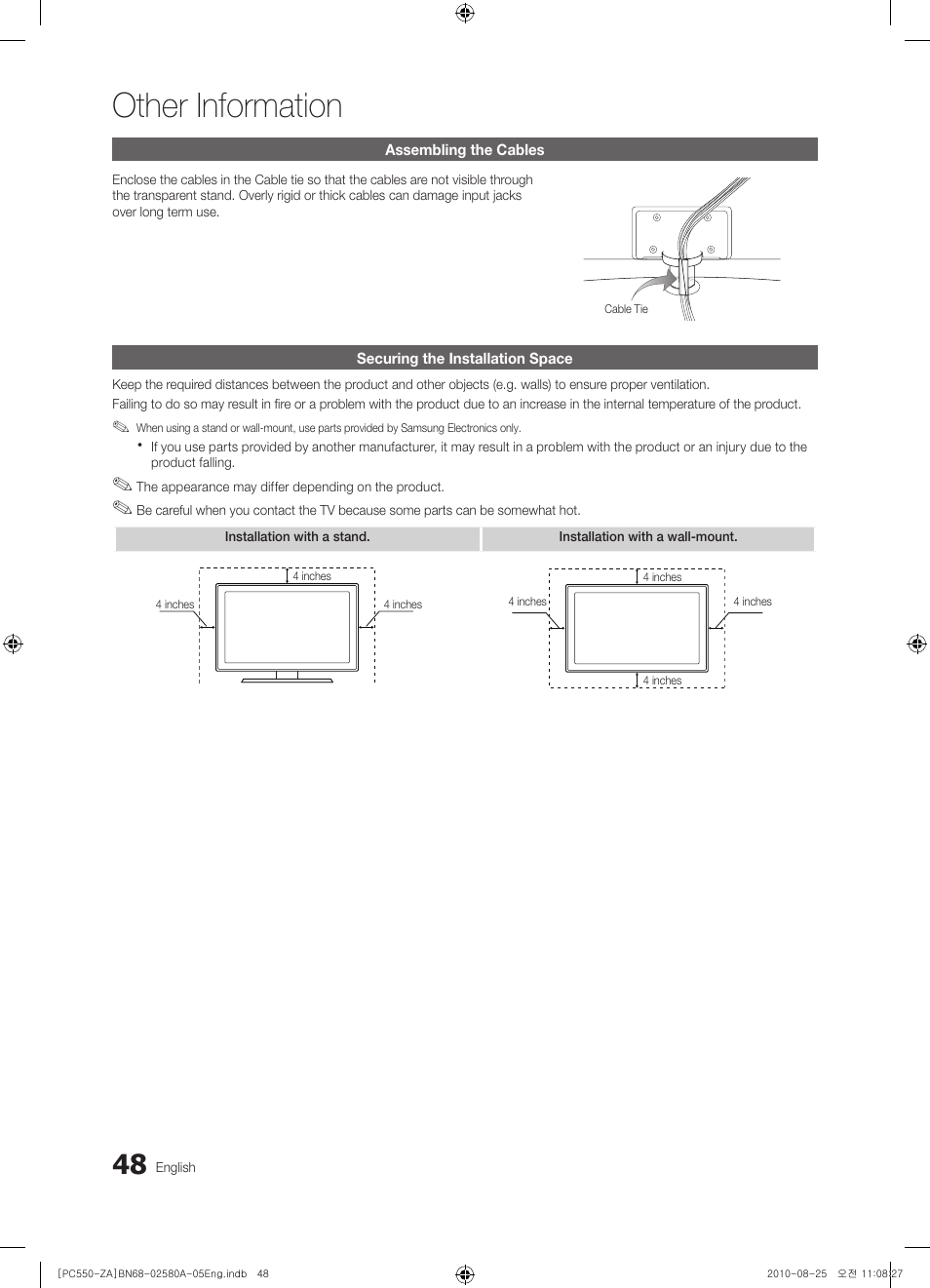 Assembling the cables, Securing the installation space, Other information | Samsung PN50C540G3FXZA User Manual | Page 48 / 56