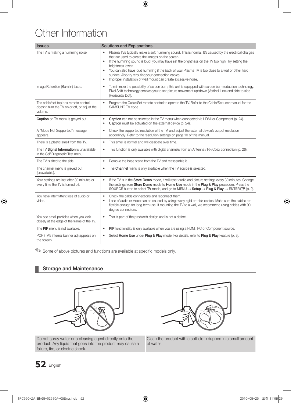 Other information, Storage and maintenance | Samsung PN50C540G3FXZA User Manual | Page 52 / 56