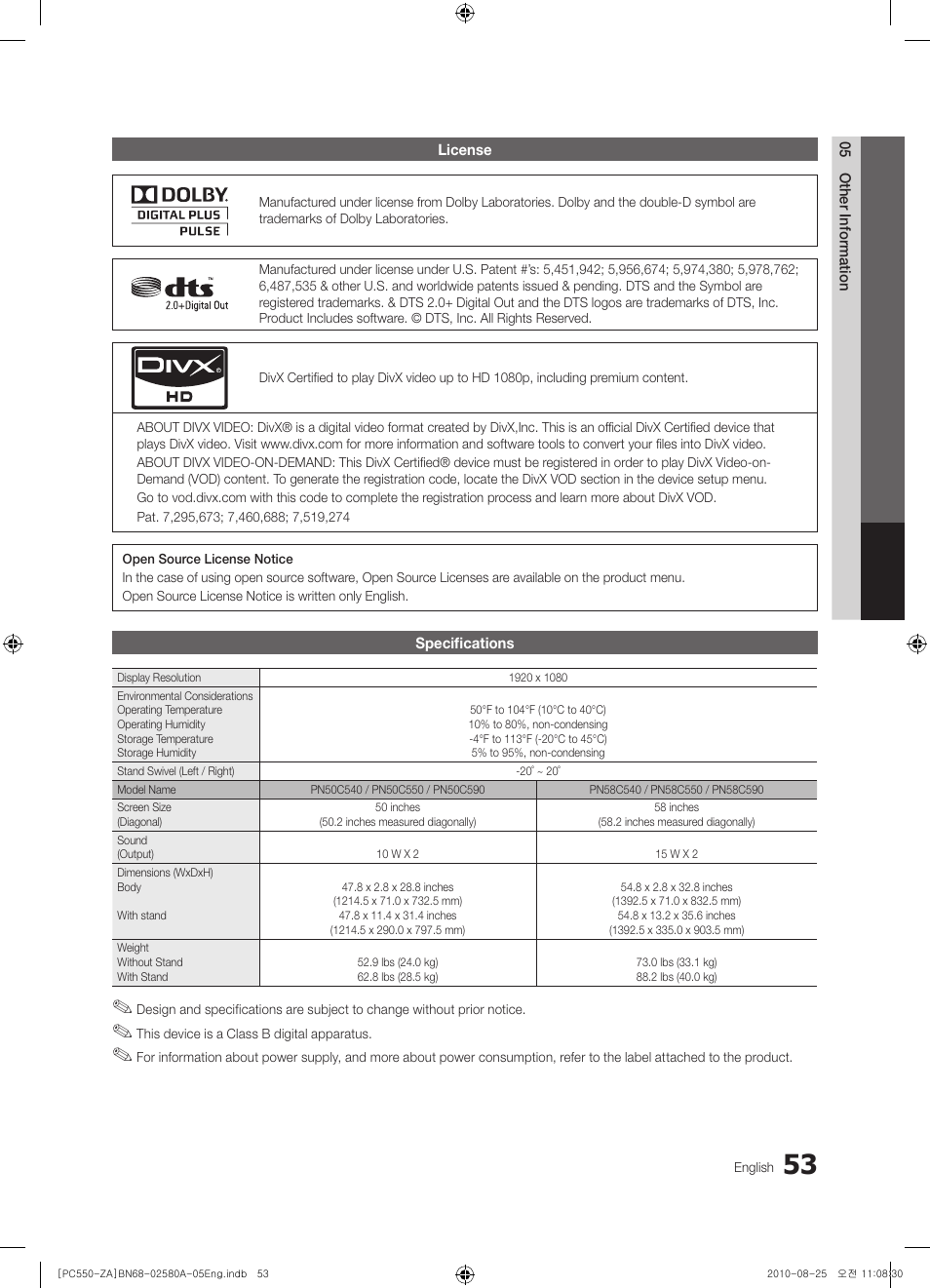 License, Specifications | Samsung PN50C540G3FXZA User Manual | Page 53 / 56