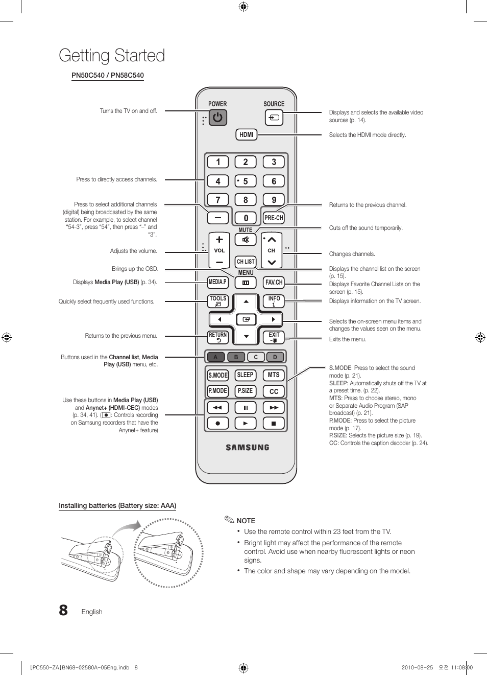 Getting started | Samsung PN50C540G3FXZA User Manual | Page 8 / 56