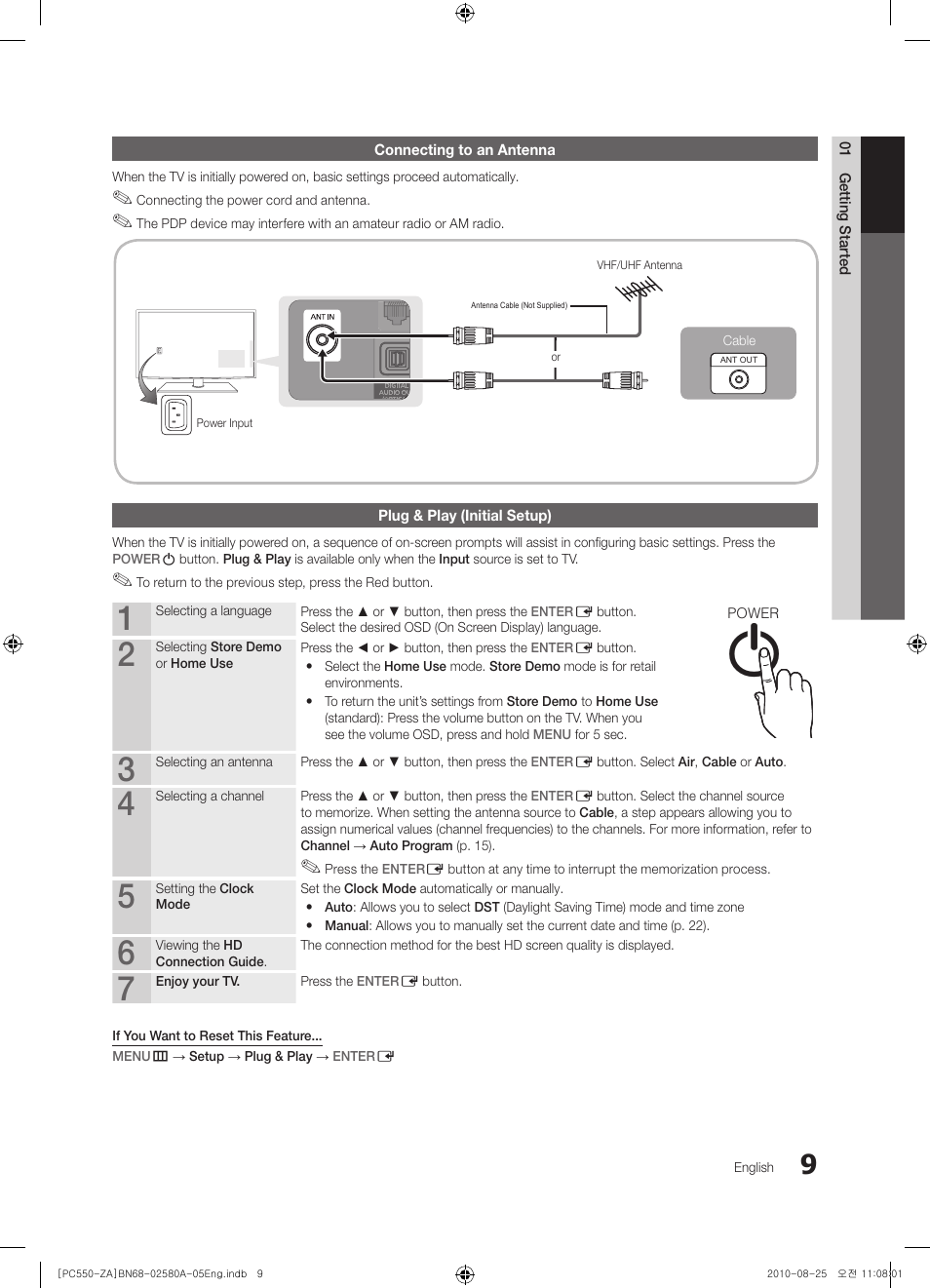 Connecting to an antenna, Plug & play (initial setup), Info guide | Samsung PN50C540G3FXZA User Manual | Page 9 / 56