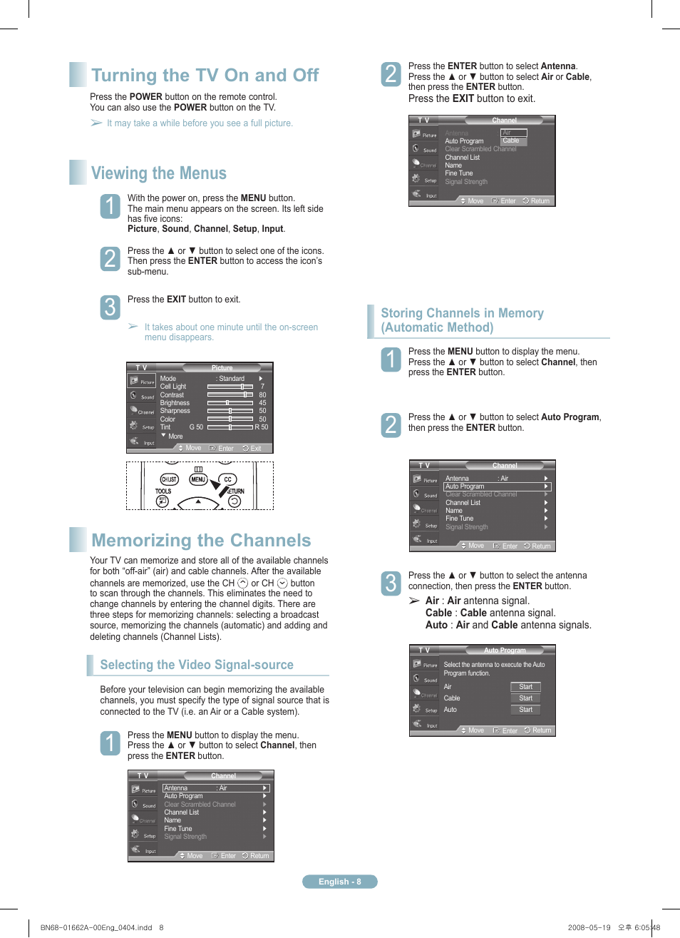 Turning the tv on and off viewing the menus, Selecting the video signal-source | Samsung PN50A460S4DXZA User Manual | Page 8 / 12