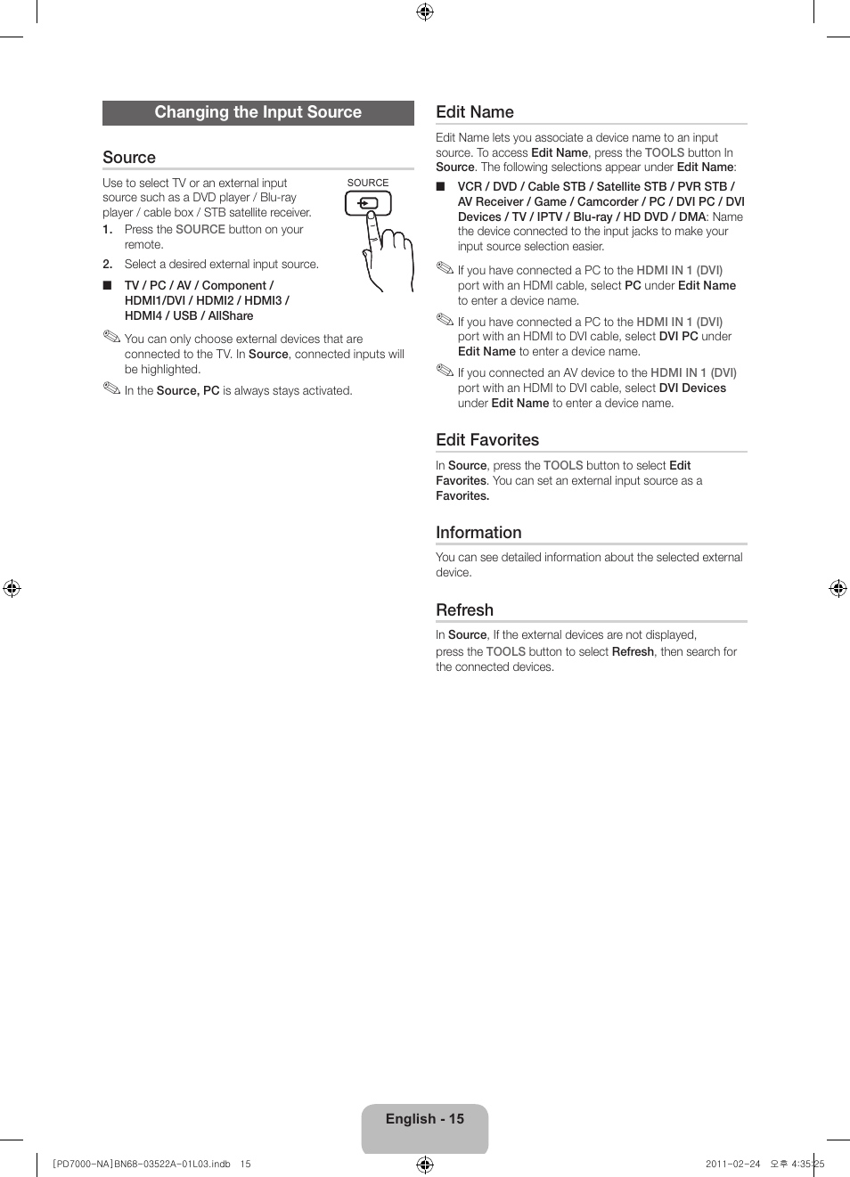 Changing the input source source, Edit name, Edit favorites | Information, Refresh | Samsung PN59D7000FFXZA User Manual | Page 15 / 67