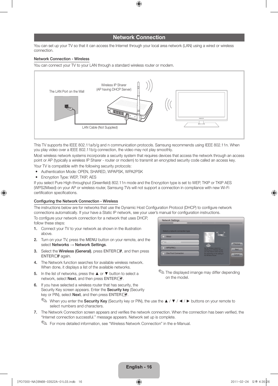 Network connection | Samsung PN59D7000FFXZA User Manual | Page 16 / 67
