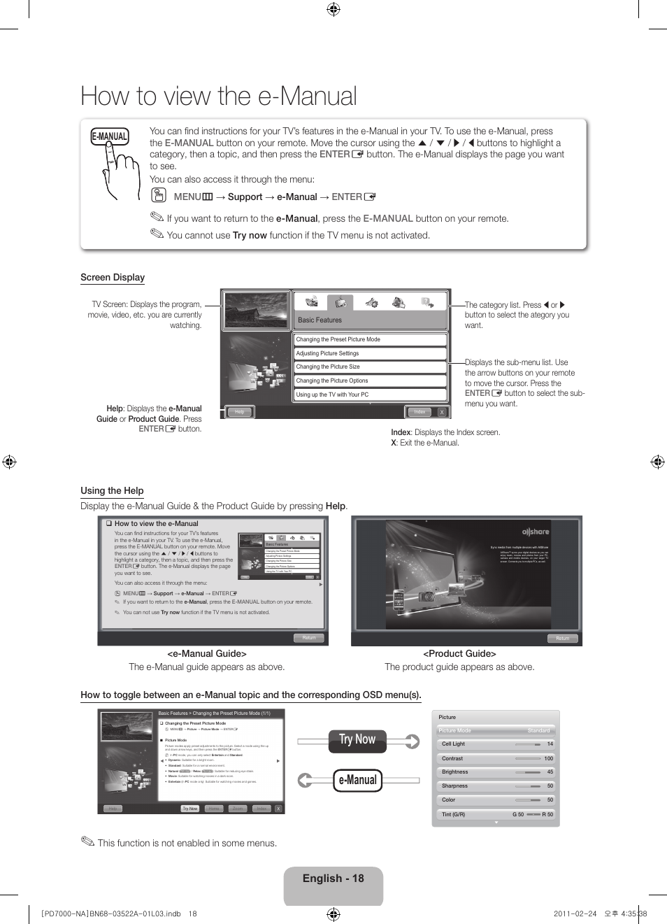 How to view the e-manual, E-manual try now, English - 18 | E-manual, This function is not enabled in some menus, Menu m → support → e-manual → enter e | Samsung PN59D7000FFXZA User Manual | Page 18 / 67