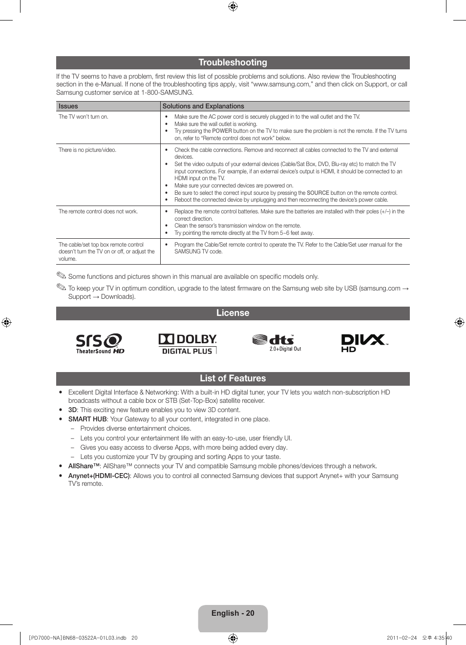Troubleshooting, License, List of features | Samsung PN59D7000FFXZA User Manual | Page 20 / 67