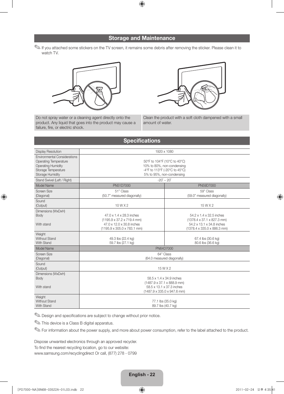 Storage and maintenance, Specifications | Samsung PN59D7000FFXZA User Manual | Page 22 / 67