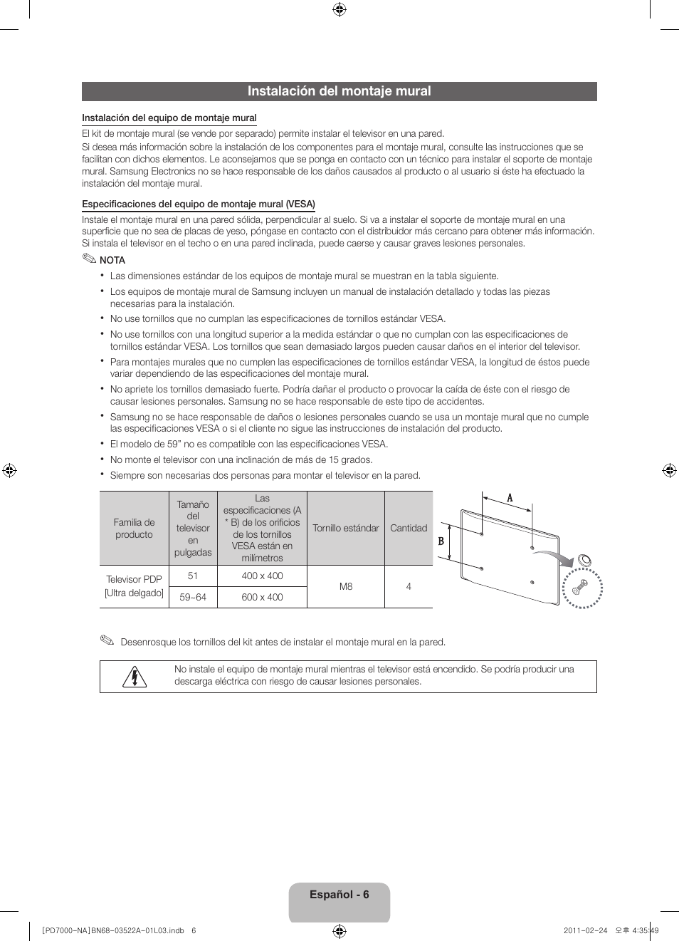 Instalación del montaje mural | Samsung PN59D7000FFXZA User Manual | Page 28 / 67