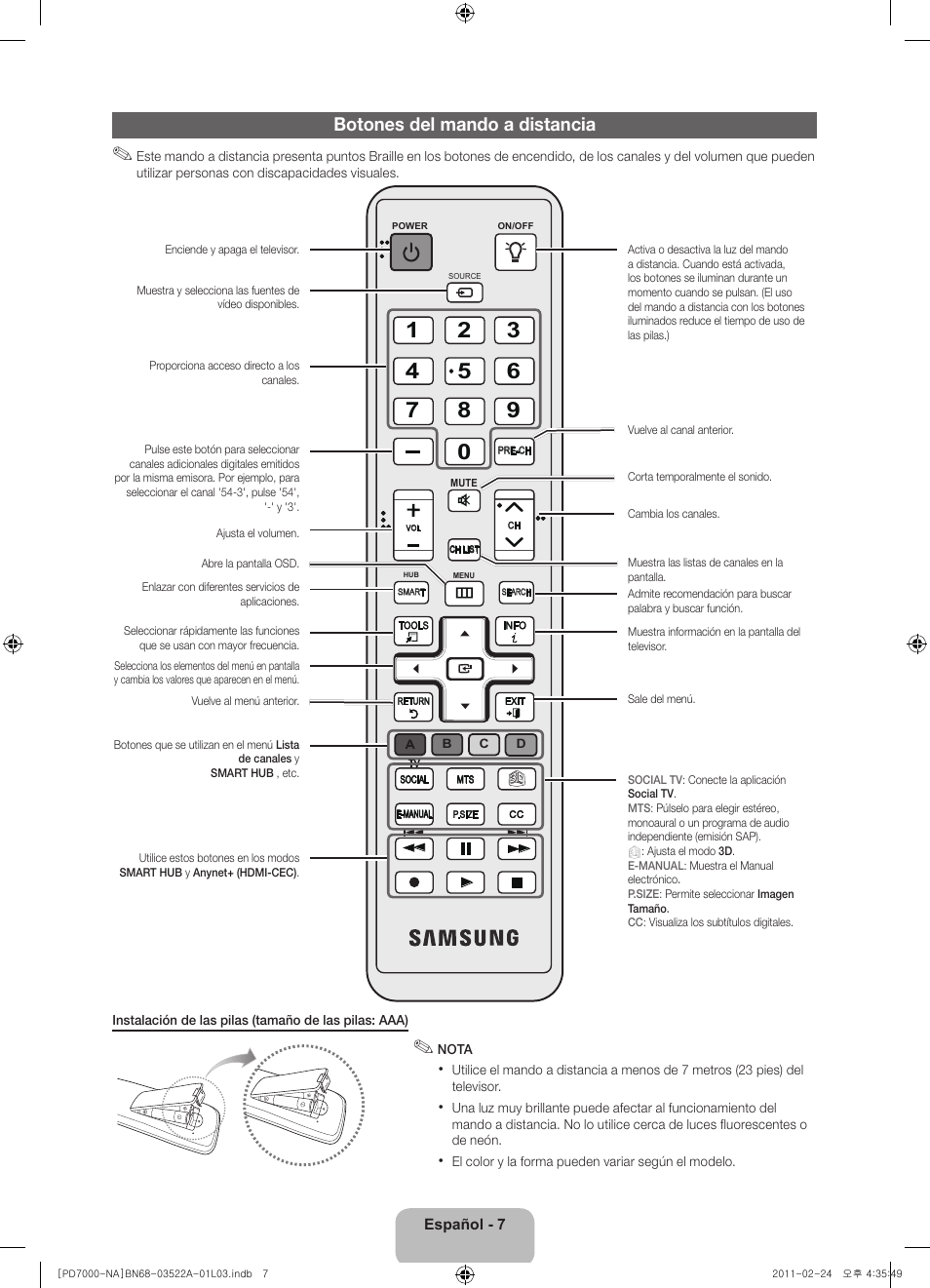 Botones del mando a distancia | Samsung PN59D7000FFXZA User Manual | Page 29 / 67