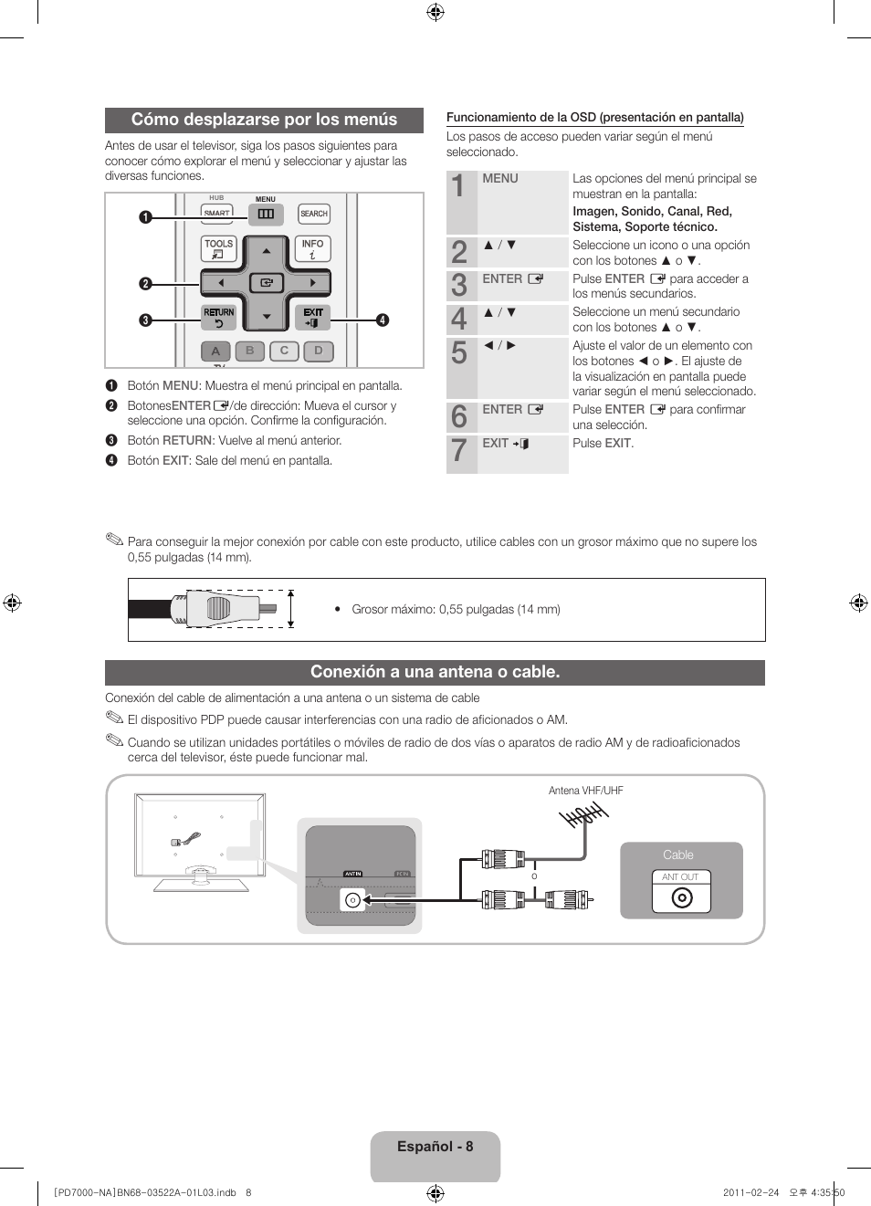 Cómo desplazarse por los menús, Conexión a una antena o cable | Samsung PN59D7000FFXZA User Manual | Page 30 / 67