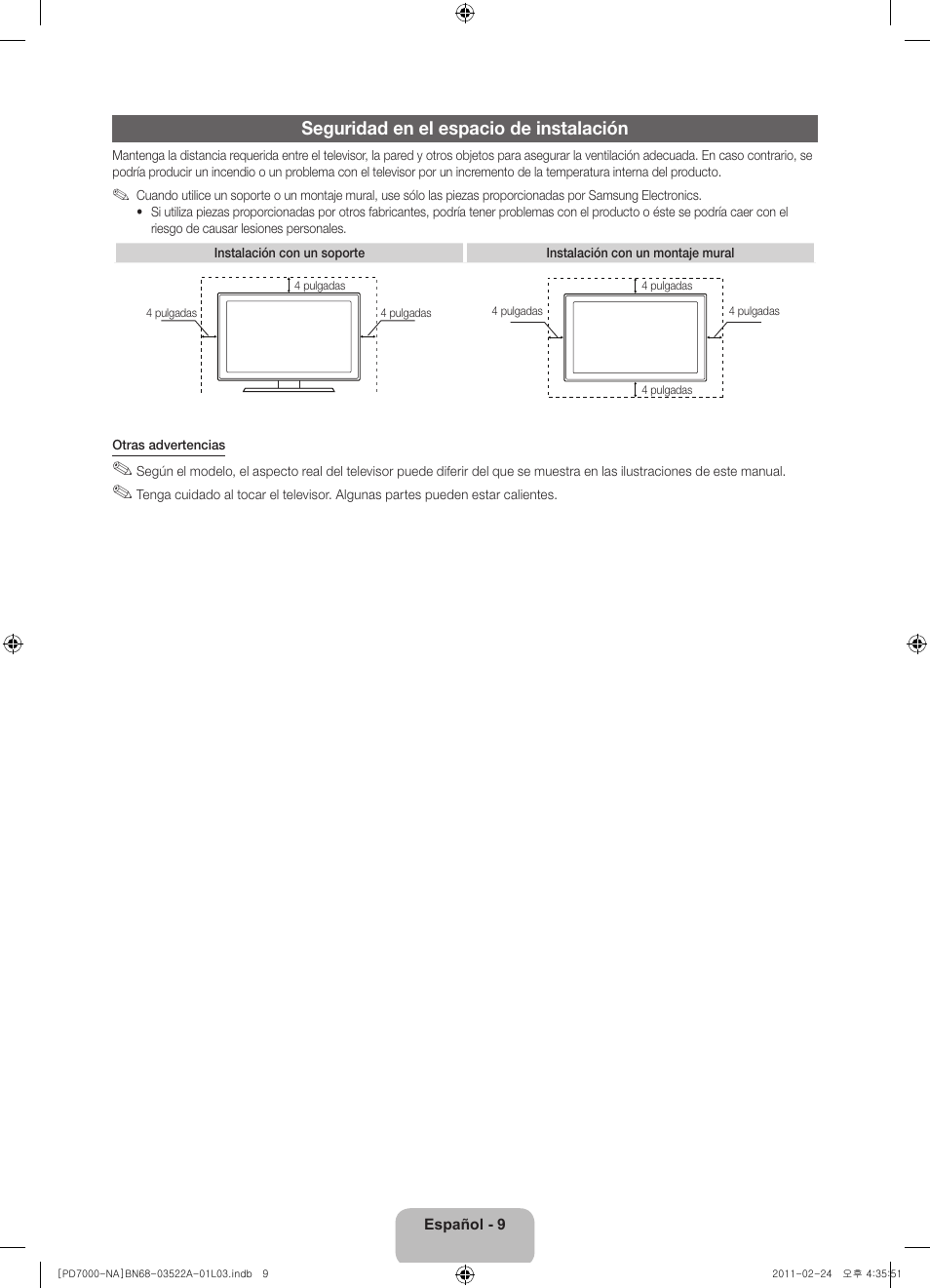 Seguridad en el espacio de instalación | Samsung PN59D7000FFXZA User Manual | Page 31 / 67
