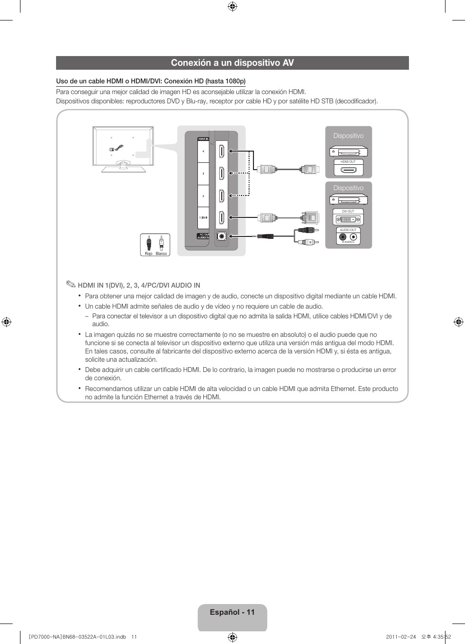 Conexión a un dispositivo av | Samsung PN59D7000FFXZA User Manual | Page 33 / 67
