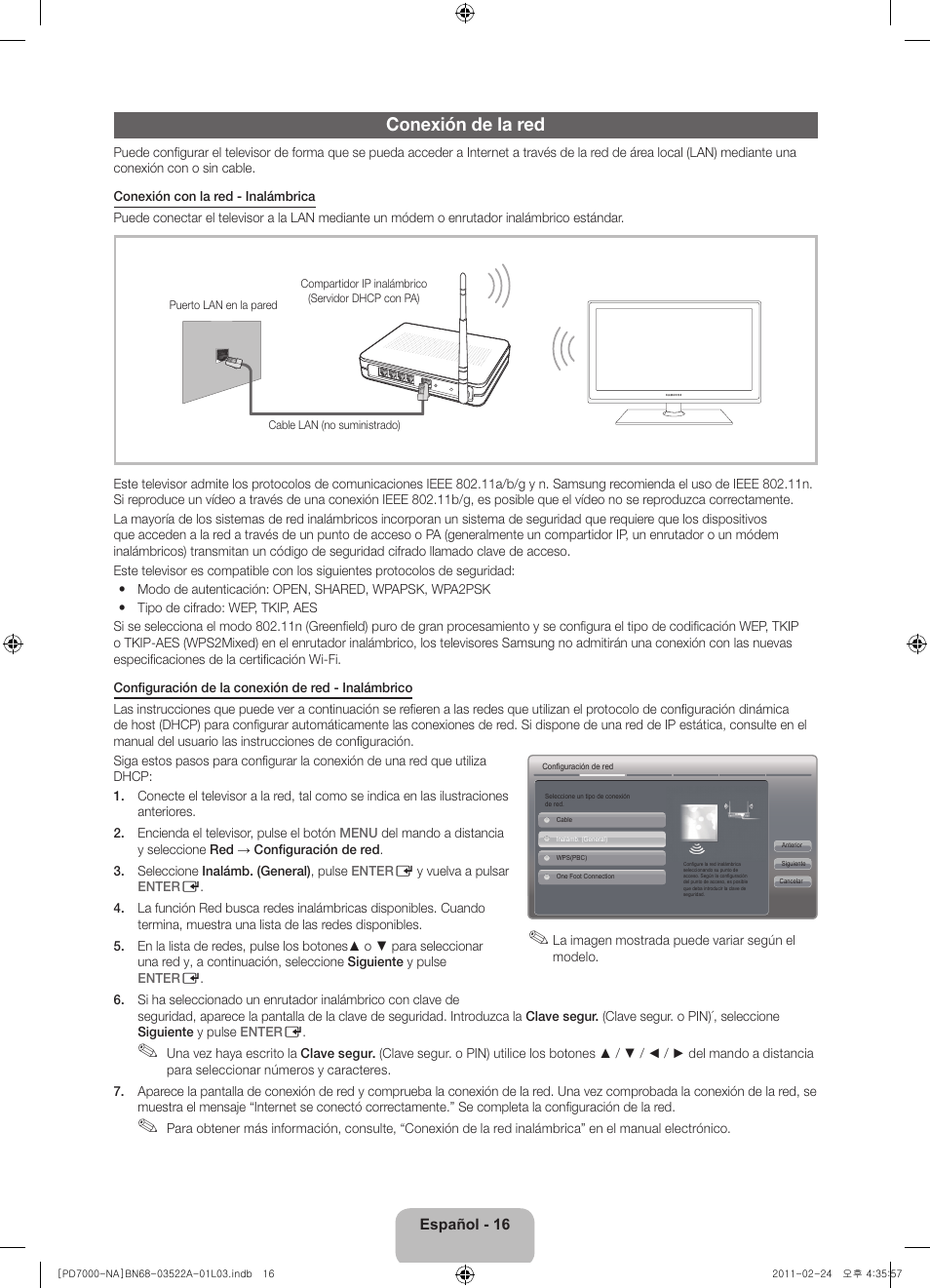 Conexión de la red | Samsung PN59D7000FFXZA User Manual | Page 38 / 67