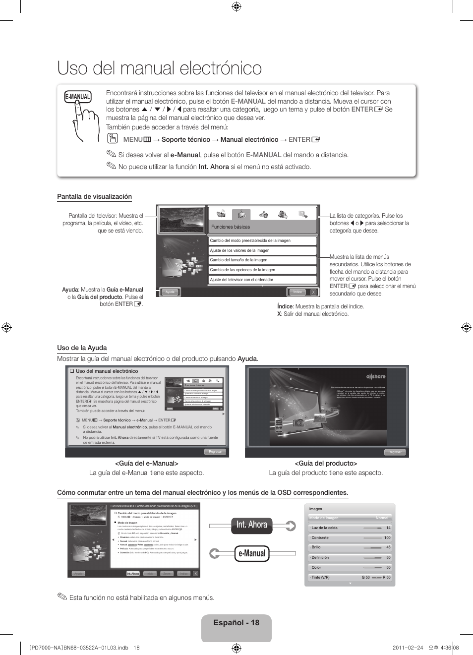 Uso del manual electrónico, E-manual int. ahora, Español - 18 | E-manual, Esta función no está habilitada en algunos menús | Samsung PN59D7000FFXZA User Manual | Page 40 / 67