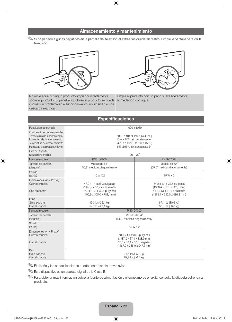 Almacenamiento y mantenimiento, Especificaciones | Samsung PN59D7000FFXZA User Manual | Page 44 / 67