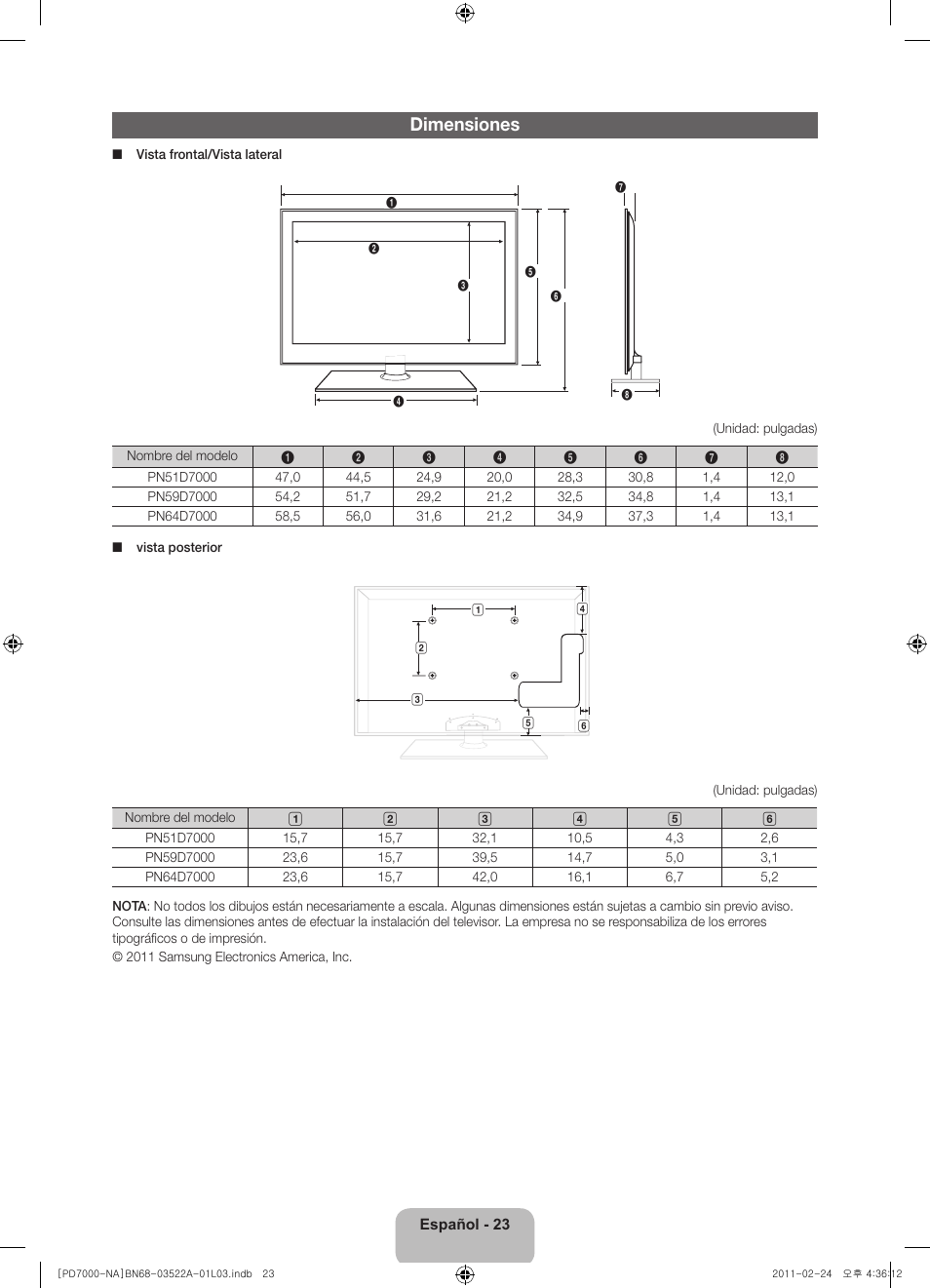 Dimensiones | Samsung PN59D7000FFXZA User Manual | Page 45 / 67