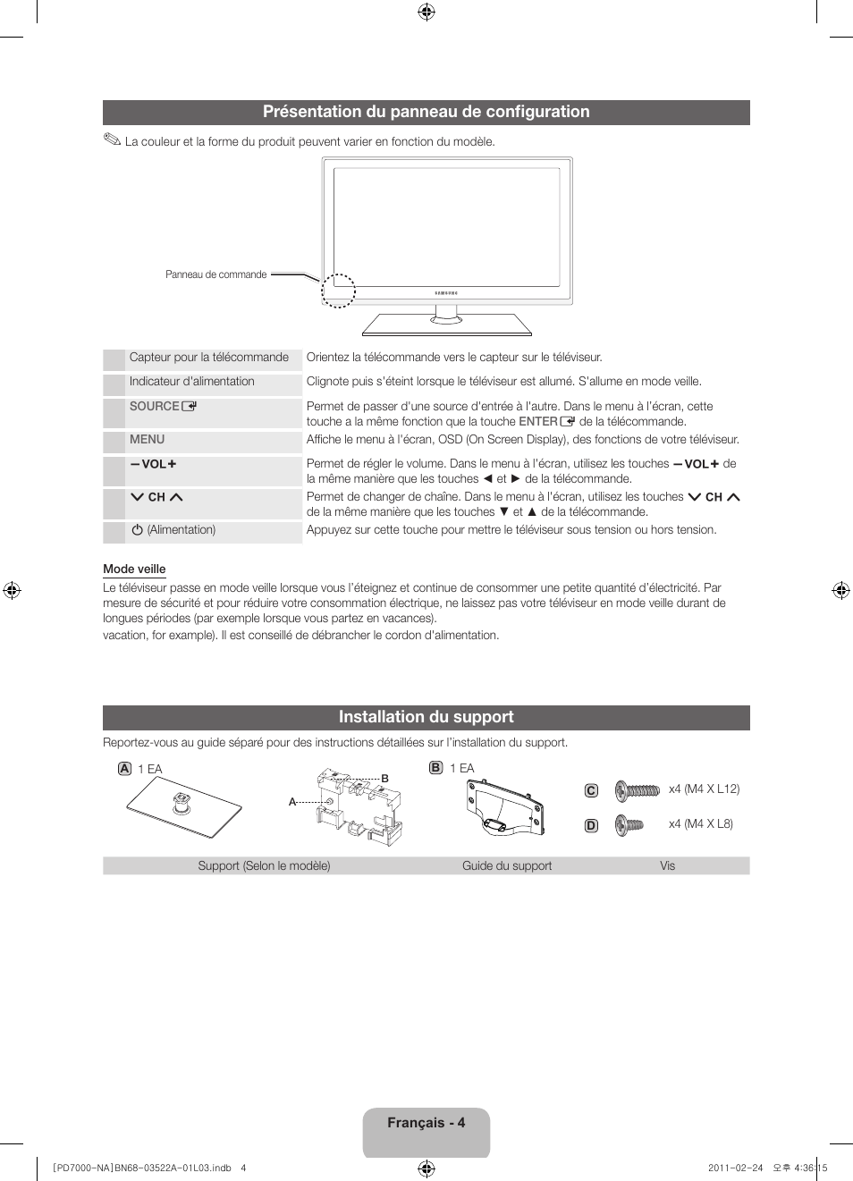 Présentation du panneau de configuration, Installation du support | Samsung PN59D7000FFXZA User Manual | Page 48 / 67