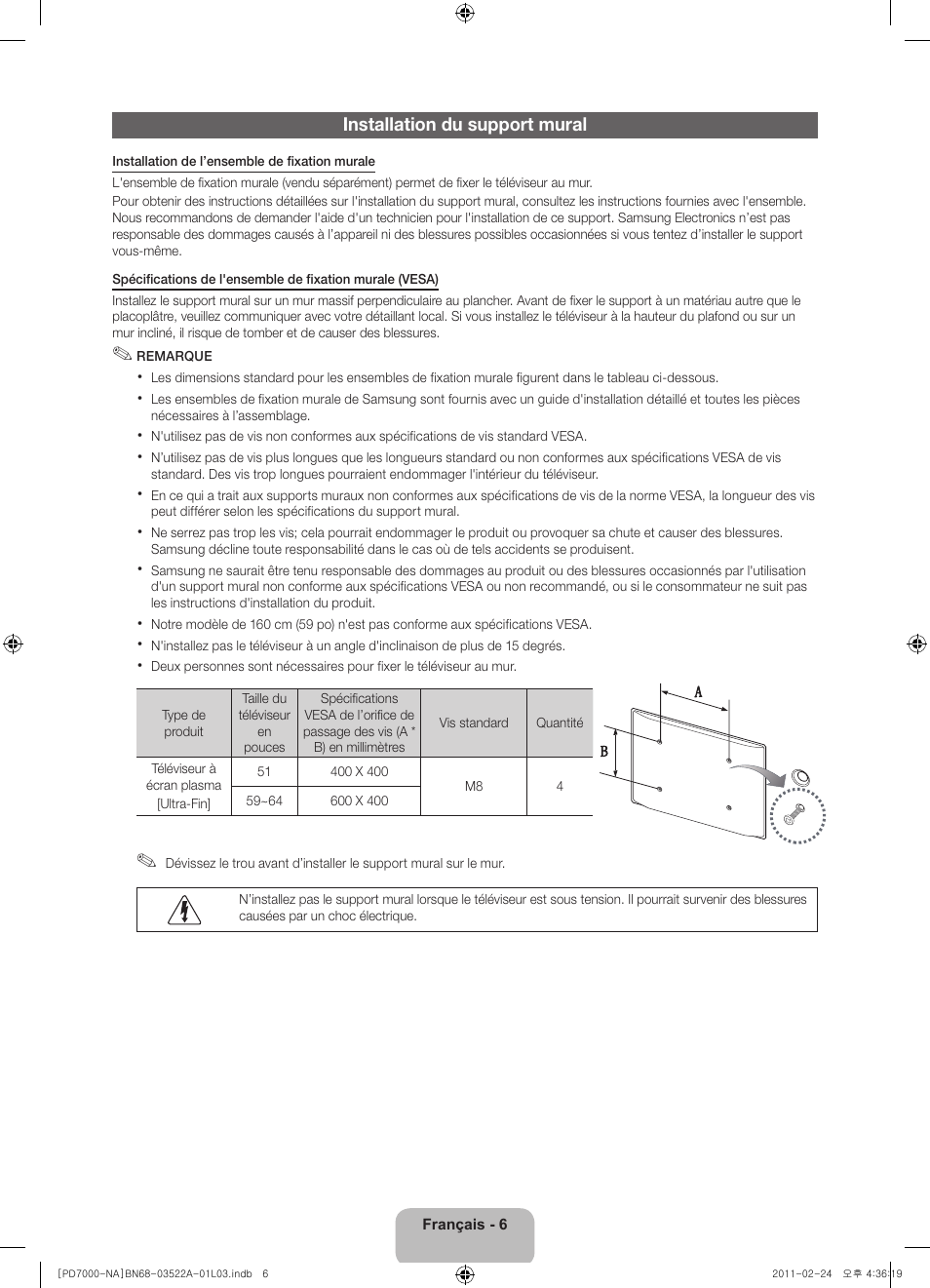 Installation du support mural | Samsung PN59D7000FFXZA User Manual | Page 50 / 67