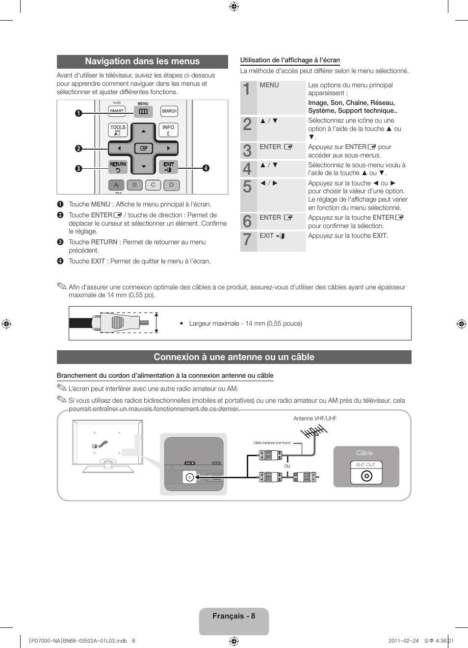 Connexion à une antenne ou un câble, Navigation dans les menus | Samsung PN59D7000FFXZA User Manual | Page 52 / 67