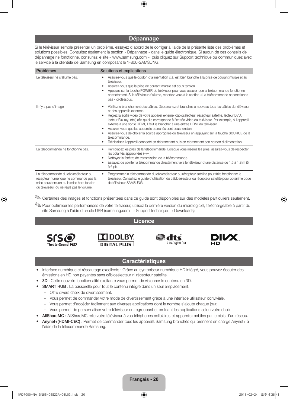 Dépannage, Licence, Caractéristiques | Samsung PN59D7000FFXZA User Manual | Page 64 / 67