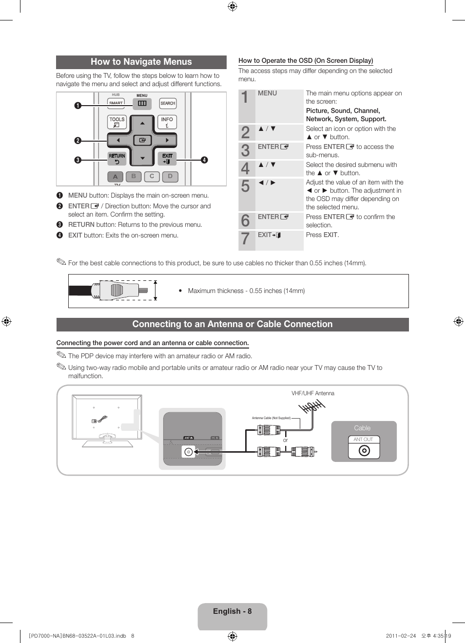 How to navigate menus, Connecting to an antenna or cable connection | Samsung PN59D7000FFXZA User Manual | Page 8 / 67